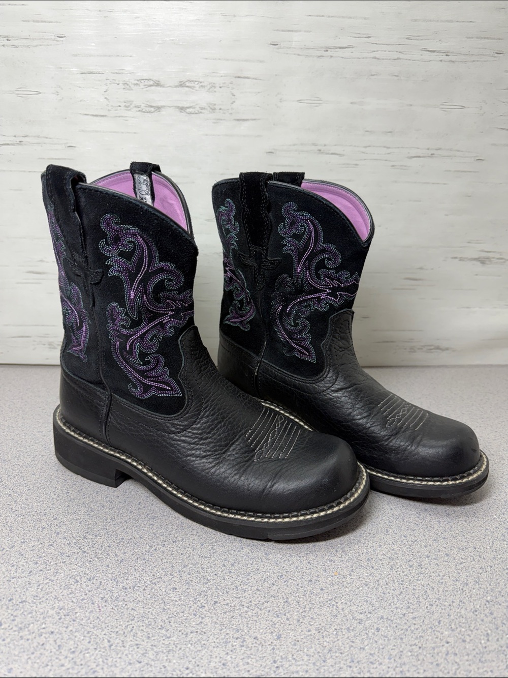 Women's Black Leather Western Mules with Purple Embroidery